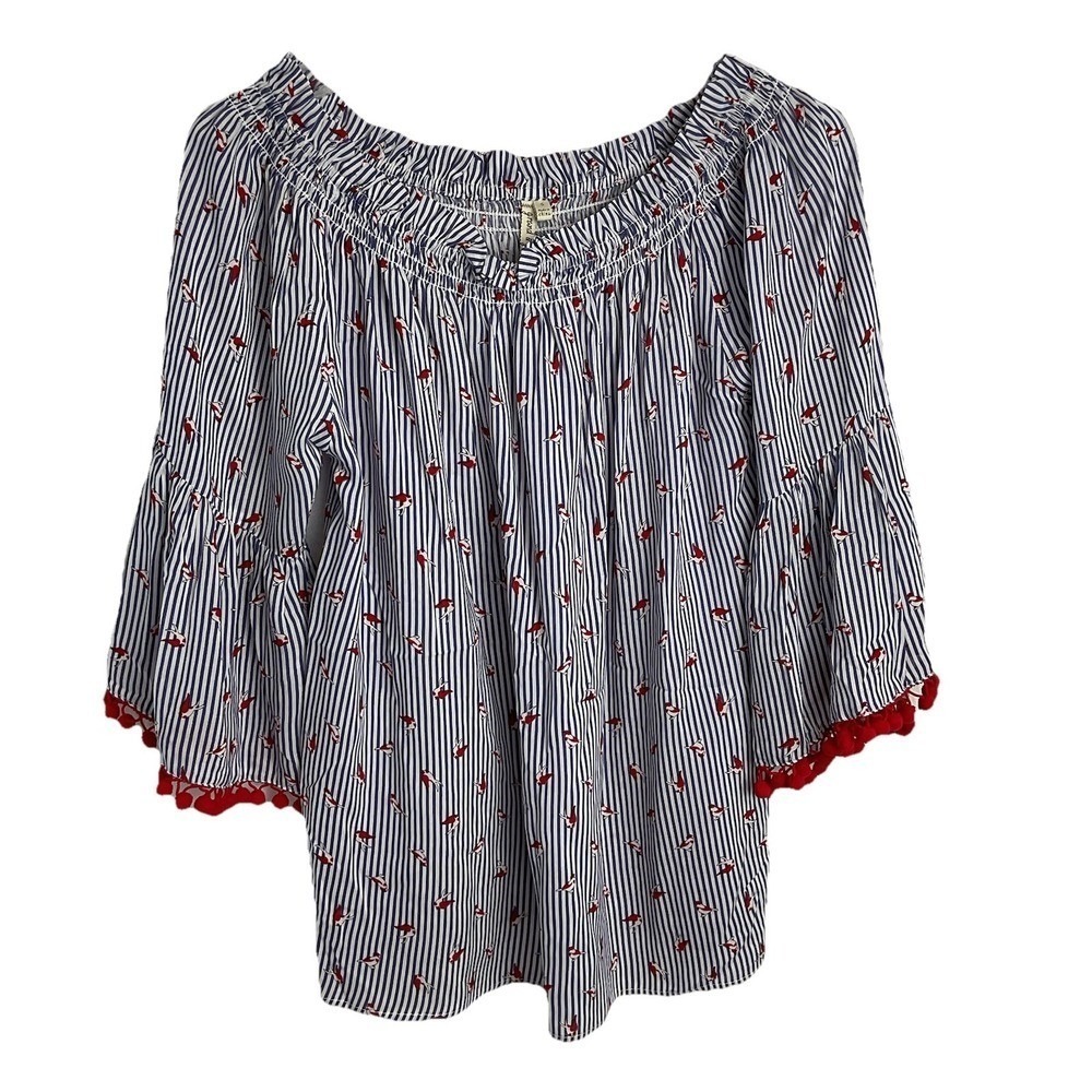 Grand Greene Womens S Off Shoulder Blue Striped Red Birds Bell Sleeve Pompoms